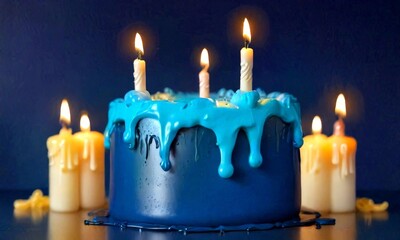 Leinwandbilder - A blue birthday cake with melting blue frosting and lit candles sits on a dark surface, surrounded by additional candles
