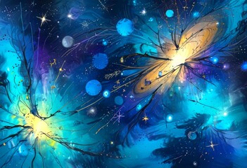 Aufkleber - a digital artwork depicting a cosmic scene with swirling cosmic energy, stars, and planets The artwork features a mix of blue, purple, and yellow hues, creating