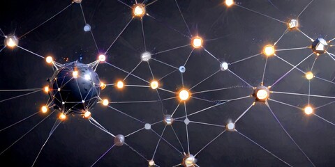 Leinwandbilder - A network of interconnected spheres, each emitting a warm glow, forms a complex web against a dark background