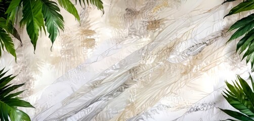 Poster - a marble wall with a textured pattern, surrounded by lush green leaves