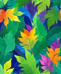 Aufkleber - a vibrant, tropical scene with a variety of leaves in shades of green, yellow, orange, and purple The leaves are arranged in a repeating pattern, creating a sense of depth