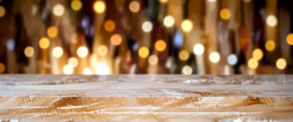 Fototapete - A blurred blurred background with a blurred bokeh effect, featuring a blurred wooden surface in the foreground