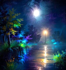 Aufkleber - A moonlit night scene with a full moon, a glowing street lamp, and a tranquil pond reflecting the moonlight and surrounding flora