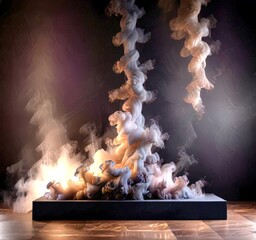 Poster - a dynamic and abstract representation of smoke or vapor, with a dark background and a wooden floor The smoke or vapor appears to be swirling and cascading in a chaotic