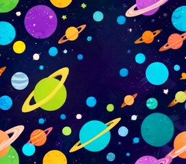 Aufkleber - A vibrant, space-themed illustration featuring a variety of planets and celestial bodies in a dynamic, overlapping arrangement against a dark background