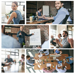 Poster - Collage, office and portrait of business people in meeting, discussion and brainstorming. Creative company, professional montage and workers with documents for planning, teamwork and collaboration