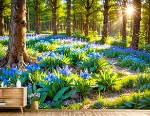 Poster - A serene forest scene with a sunlit path winding through a field of blue irises, surrounded by tall trees and lush greenery