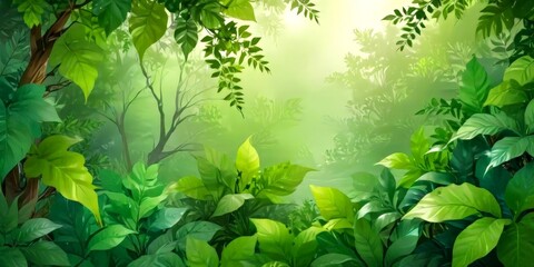 Poster - a lush, verdant jungle scene with a dense thicket of green leaves and branches, creating a sense of depth and mystery The background is a soft, hazy green, adding to the