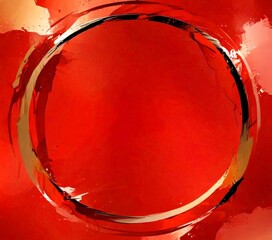 Poster - a vibrant abstract composition with a large, bold red circle in the center, surrounded by splashes of red and orange paint The background is a gradient of red, transitioning
