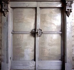 Poster - a pair of ornate, antique-style double doors with intricate carvings and a metal handle in the center