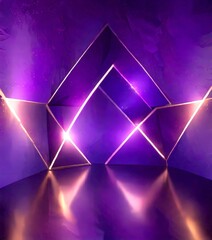 Leinwandbilder - a digital illustration stage with a purple backdrop, gold geometric shapes, and a reflective floor