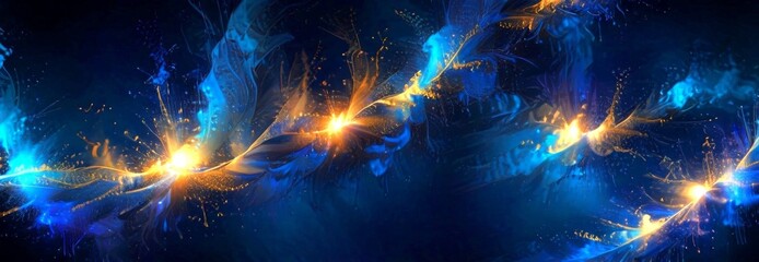 Poster - a digital artwork featuring a swirling pattern of blue and orange hues, with small particles of gold scattered throughout, creating a sense of movement and energy