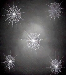 Poster - A collection of spider web silhouettes against a dark background, arranged in a grid-like pattern