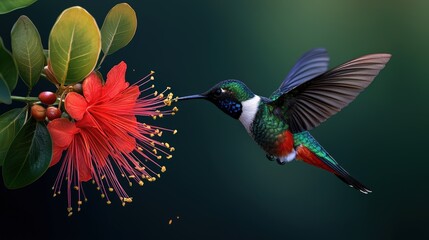 Hummingbird hovering over a vibrant red flower with blurred green background.