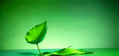 Poster - A single green leaf stands upright on a green surface, with another leaf lying horizontally in the foreground