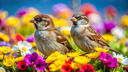 Wall Mural - Two sparrows perched among vibrant flowers, showcasing a colorful and lively spring scene in nature.