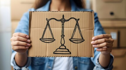 Person Holding Cardboard Sign with Scale Representing Desire for Justice or Balance