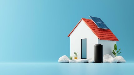 Modern house with solar panels, minimalist design on blue background.