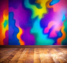 Aufkleber - A vibrant, abstract mural with swirling patterns of blue, purple, green, and orange fills the wall, contrasting with the wooden floor below