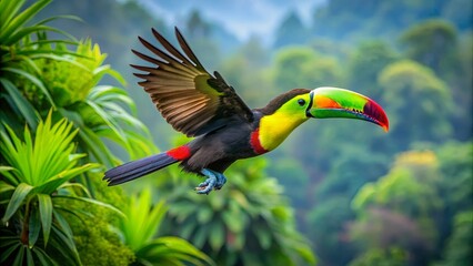 a vibrant toucan in mid-flight against a lush, green backdrop, showcasing its iconic colorful beak a