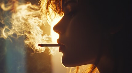 Close-up profile of a woman smoking a cigarette, with smoke billowing around her face, backlit by a warm light.