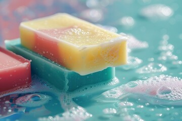 Poster - Three colorful bars of soap are covered in bubbles and sitting in water, ready to be used for hand washing