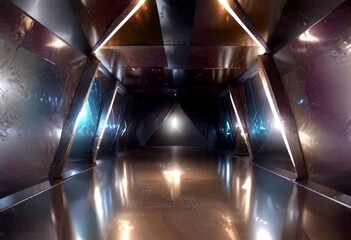 Aufkleber - a futuristic, dimly lit corridor with a reflective, polished floor and a series of triangular panels on the walls, creating a sense of depth and dimension