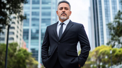 A mature Latino businessman stands confidently in a sharp black suit, his posture radiating authority as the blurry outlines of a cityâs business district form the backdrop, symbol