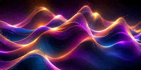 Fototapete - a digital art piece featuring abstract, wave-like patterns in shades of purple, orange, and blue, with a dark background and scattered light effects