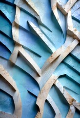 Aufkleber - a close-up view sculptural installation featuring a complex arrangement of intersecting lines and curves in various shades of blue and white