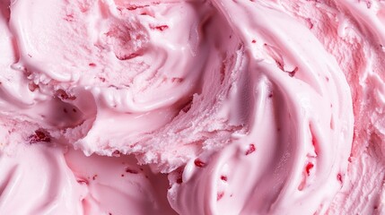 Close-up of pink strawberry ice cream with visible chunks of fruit.