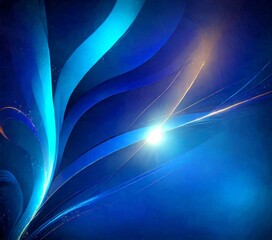 Poster - a striking abstract composition of blue and orange lines and shapes, with a bright light source at the center, creating a sense of depth and movement