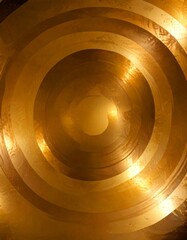 Poster - a circular pattern with concentric circles of varying sizes and a central, larger circle The background is a golden color, and the has a reflective, shiny quality