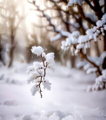 Poster - A snow-covered branch with delicate, snow-dusted flowers stands out against the blurred, snowy background