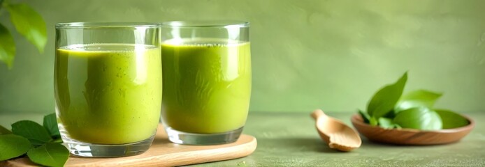 Aufkleber - Two glasses of green smoothie, accompanied by a wooden spoon and a bowl of fresh green leaves, are arranged on a wooden surface against a green background