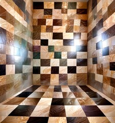 Poster - a room with a checkered floor and walls covered in square tiles in various shades of brown, beige, and black