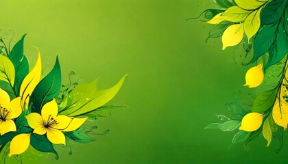 Aufkleber - A vibrant floral arrangement with yellow flowers and green leaves is set against a green background