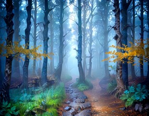Poster - A misty forest path winds through a dense woodland, with tall trees and vibrant autumn foliage on either side
