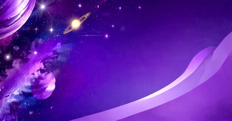 Aufkleber - A digital illustration starry night sky with a yellow planet and a yellow ring, set against a purple backdrop with a curved line