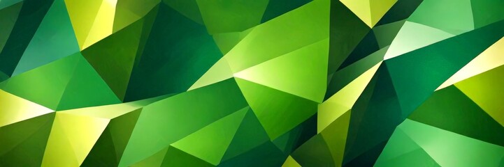Poster - a vibrant abstract composition of overlapping triangular shapes in various shades of green and yellow, creating a dynamic and visually striking pattern