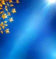 Poster - a vibrant blue background with a diagonal line running through it, flanked by golden leaves and flowers on the left and right sides The sun is shining brightly in the top