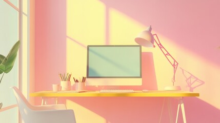 Minimalist workspace with a desk, computer, lamp, and chair in a bright room with a window and plant.