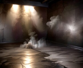 Aufkleber - a dark room with a large, ethereal cloud of smoke or vapor rising from the floor, creating an atmospheric and mysterious scene