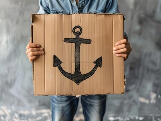 Person Holding Cardboard Sign with Anchor Drawing Representing Stability and Emotion Concept