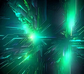 Poster - a digital illustration featuring a complex network of intersecting lines and glowing green and blue lights, creating a sense of depth and movement