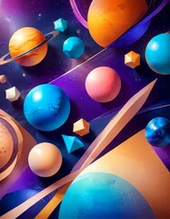 Aufkleber - a digital illustration featuring a vibrant and abstract representation solar system, with planets, stars, and geometric shapes in various colors and sizes