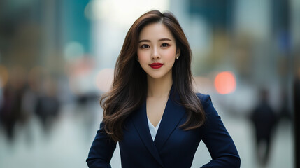 A strikingly beautiful Asian woman in a navy blue suit stands confidently in front of the blurred backdrop of a bustling business district, her poised and elegant demeanor reflecti