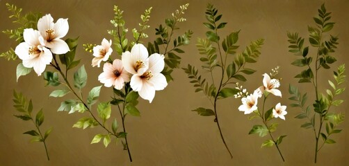 Aufkleber - A collection of delicate white flowers with yellow centers, surrounded by lush green leaves, set against a neutral brown background