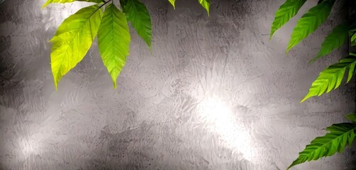Poster - a close-up view of green leaves with yellow veins against a textured gray background