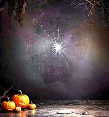 Aufkleber - A Halloween-themed featuring a spider web with a jack-o-lantern and three smaller pumpkins on a dark background